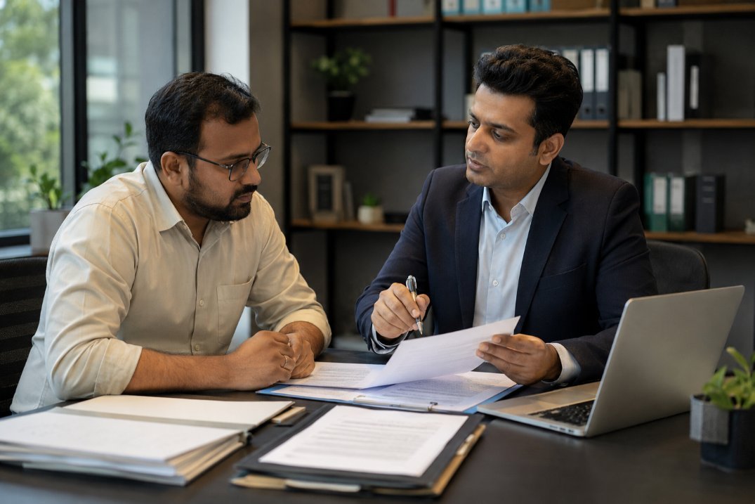 Consultant explaining FSSAI registration documents to business owner