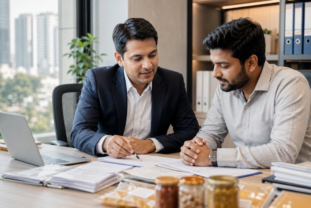 Consultant helping a food business owner with FSSAI registration